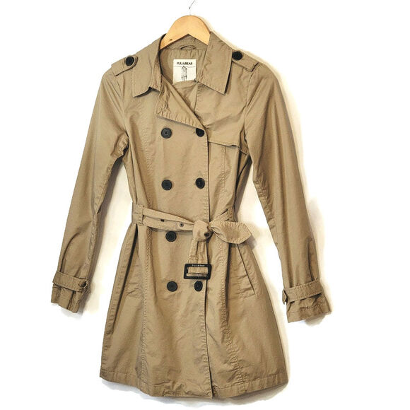 Pull & Bear Double Breasted Belt Tie Waist Mid Length Tan Trench Coat Size S - Picture 16 of 16